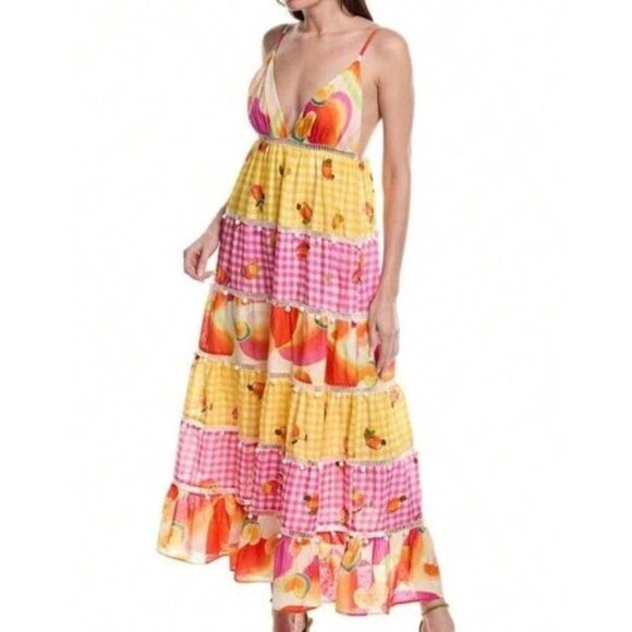 Farm Rio Sz M Dress Mixed Picnic Cashew Maxi Sundress Gingham Sleeveless Tiered - Picture 1 of 8